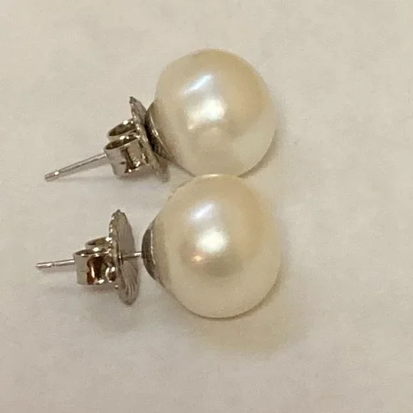 Cultured Pearl Earrings 12mm 14K White Gold - Picture 3 of 5